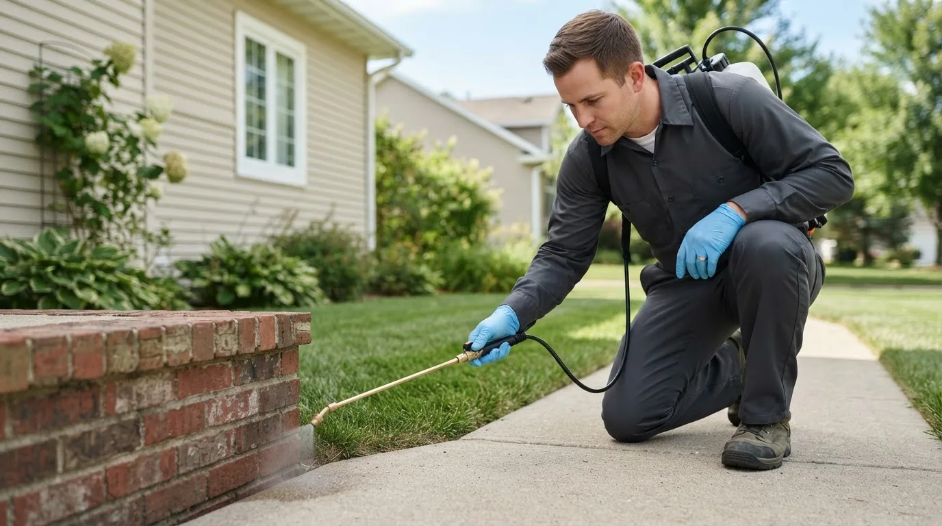 Pest control technician treating a home near Otis, KS